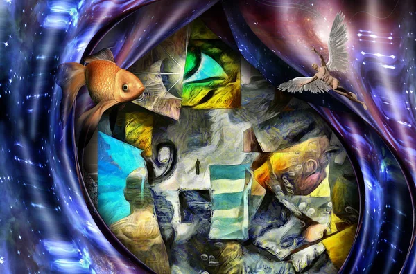 Pittura Surreale Complessa Occhio Pezzi Puzzle Elementi Quadrati Pesce Testo — Foto Stock