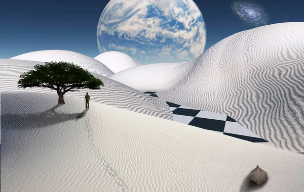 Een Surrealistische Woestijn Groene Boom Zandduin Een Boot Een Man — Stockfoto