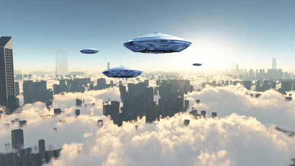 Repülő Csészealjak Futurisztikus Megapolis Felett Hajnal — Stock Fotó