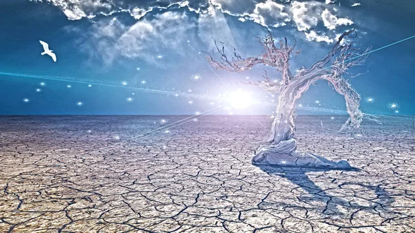 Old Tree Surreal Desert Rendering — Stock Photo, Image