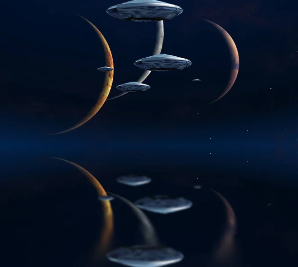 Três Luas Naves Espaciais Espaço Azul Profundo — Fotografia de Stock