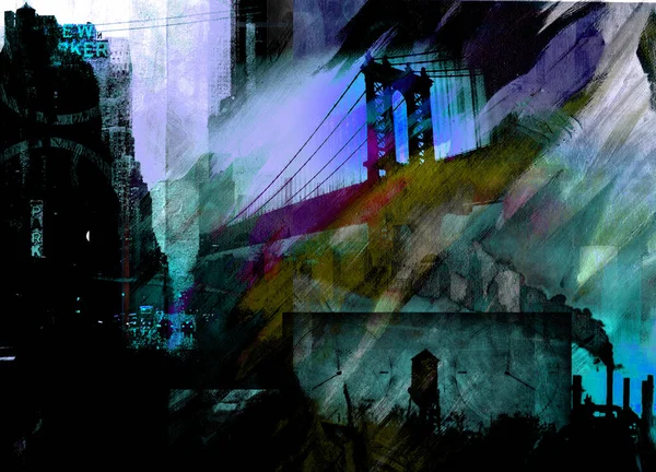 Puente Manhattan Pintura Dramática Colores Oscuros —  Fotos de Stock