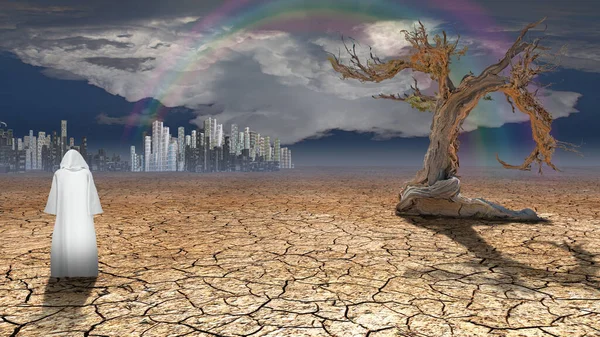 Holy Man Gazes Gleeming City Desert — Stok fotoğraf