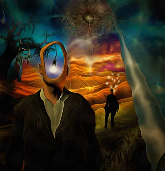 Surreal painting. Man in suit with empty head. Old tree with light bulb and ladder on a branch. God\'s eye in the sky. Businessman with light bulbs around his head stands in the field.