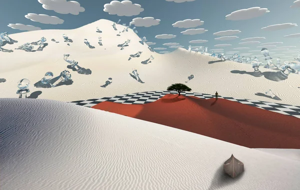 Surrealistische Woestijn Met Schaakfiguren Groene Boom Een Man Verte Vaartuig — Stockfoto