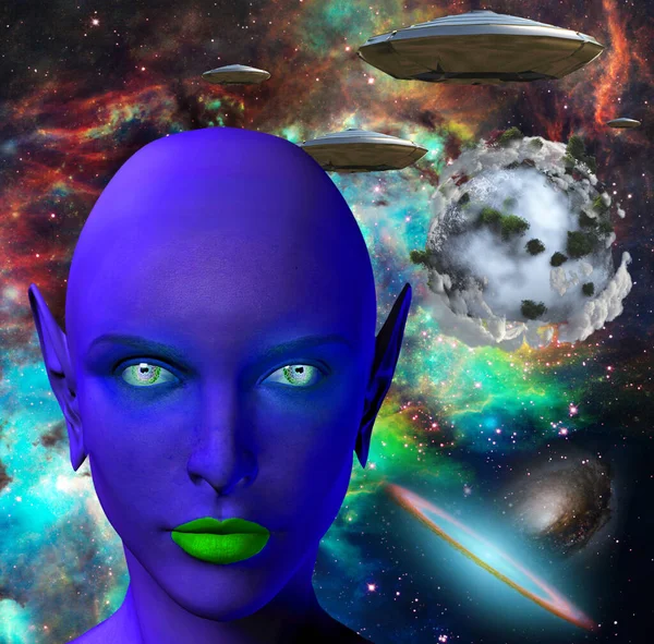 Face Female Alien Flying Saucers Colorful Universe Abstract Exoplanet Background — Stock Photo, Image