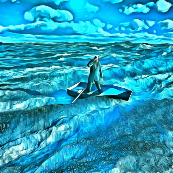 Een Surrealistisch Schilderij Man Pak Drijft Boot Oceaan Met Binaire — Stockfoto
