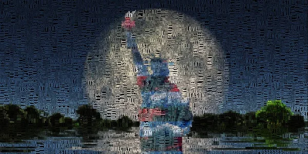 Modern Art Liberty Statue Giant Moon Rises Water — Stock Photo, Image