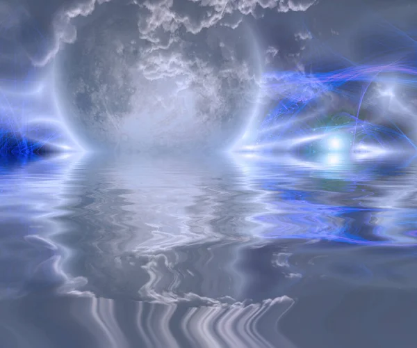 月亮在水面上升起 3D渲染 — 图库照片