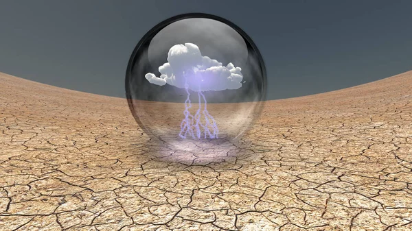Terra Seca Rachada Com Uma Única Nuvem Recipiente Transparente — Fotografia de Stock