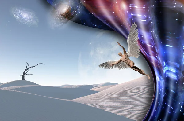 Surreal White Desert Dry Tree Galaxies Big Moon Horizon Naked — Stock Photo, Image