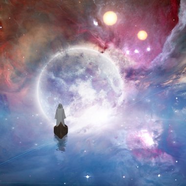 Uzayda süzülen beyaz cüppeli bir figür