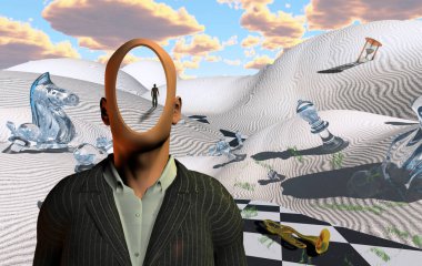 Satranç figürleri ve trompeti olan gerçek üstü bir çöl. Takım elbiseli meçhul adam. Uzaktan bakınca insan figürü..