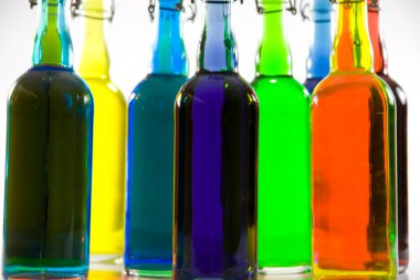 colorful glass bottles, drinks beverages 