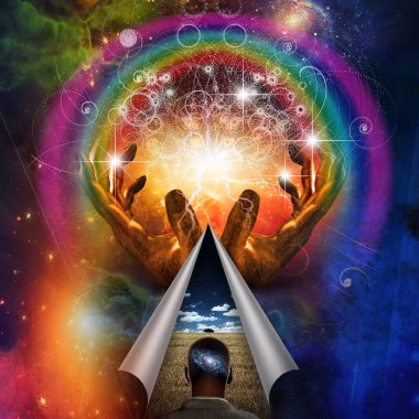 Galaksi zihni ve hareketli elleri olan adam.