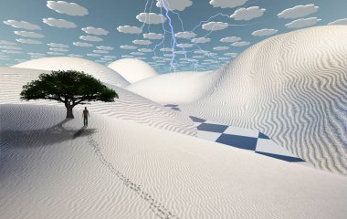 Gerçeküstü çöl. Kum tepesinde yeşil ağaç. Uzakta duran bir insan figürü. Soyut bulutlar.