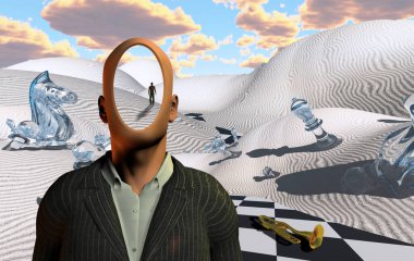 Satranç figürleri ve trompeti olan gerçek üstü bir çöl. Takım elbiseli meçhul adam. Uzaktan bakınca insan figürü..