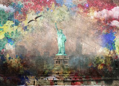 Libery Heykeli ve Manhattan Panorama. 3B görüntüleme