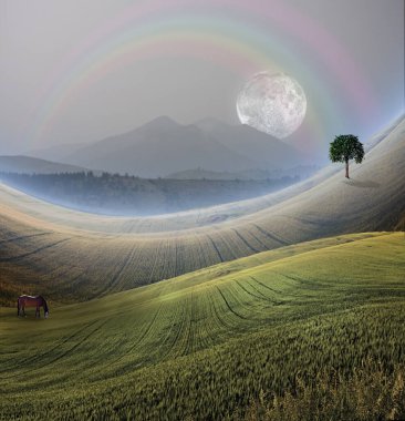 Dağ 'la huzurlu bir manzara. 3B görüntüleme