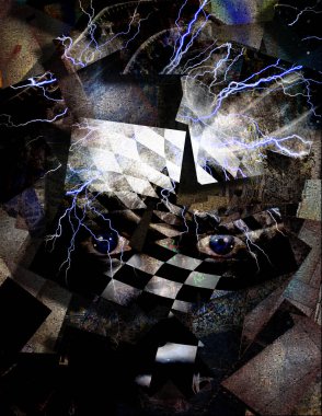 Sürrealizm. Satranç tahtası deseni ile karşı karşıya. Zaman ve Lightning'ler spiraller.