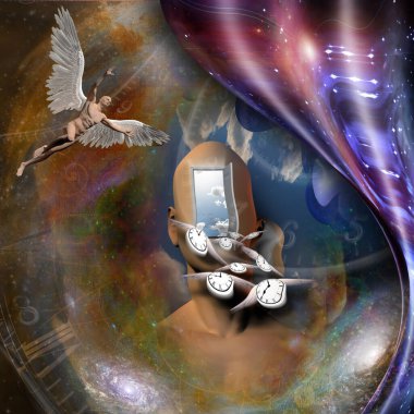 Sürrealizm. Başka bir dünyaya açılan kapısı olan bir adamın kafası. Kanatlı çıplak adam meleği temsil ediyor. Kanatlı saatler zamanın akışını sembolize eder. Bükülmüş boşluk.