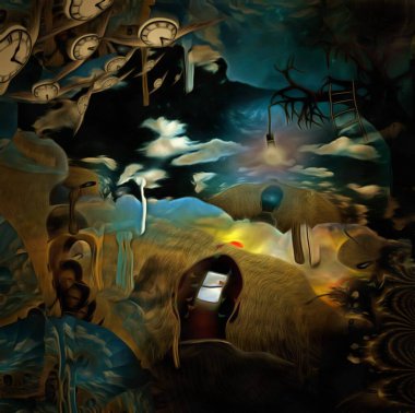 Gerçeküstü resim. Kafasında penceresi açık bir adam. Dalında ampul olan yaşlı bir ağaç. Kanatlı saatler zamanın akışını temsil eder. 3B görüntüleme