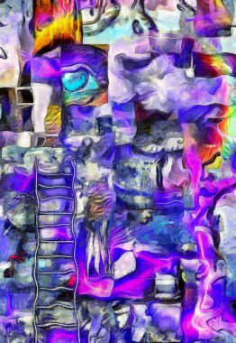 Karmaşık gerçeküstü resim. Geometrik öğeleri, Tanrı'nın göz alevler ateş ve merdiven. İnsan bilincinin unsurları.