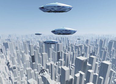 Fütürist megapolis üzerinde uçan daireler..