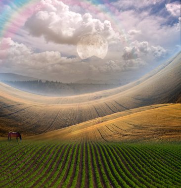 Dağ 'la huzurlu bir manzara. 3B görüntüleme