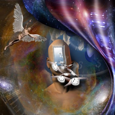 Sürrealizm. Başka bir dünyaya açılan kapısı olan bir adamın kafası. Kanatlı çıplak adam meleği temsil ediyor. Kanatlı saatler zamanın akışını sembolize eder. Bükülmüş boşluk.