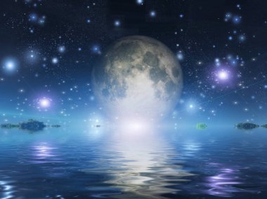 Moonrise over water 3d render 
