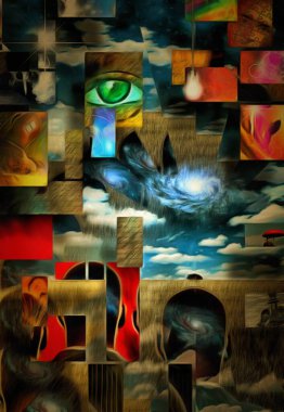 Gerçeküstü resim. İçinde farklı düşünceler olan insanların kafaları. Buğday tarlası ve gökadalı mavi gökyüzü. Geometrik elementler. Tanrı 'nın Gözü. Ampul fikri sembolize eder.