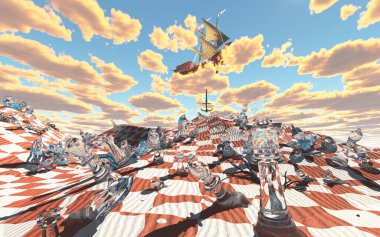 Satranç tahtası çöl kumulunda yelkenli gemi arması