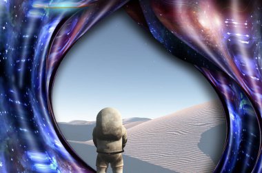 Sürrealizm. Astronot beyaz çölde duruyor. Bükülmüş boşluk.