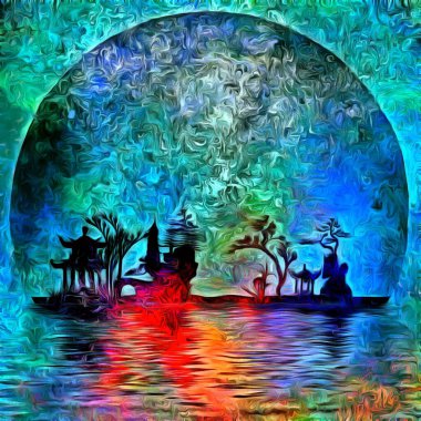 Sudaki siluetler. Asya tarzı. 3B görüntüleme