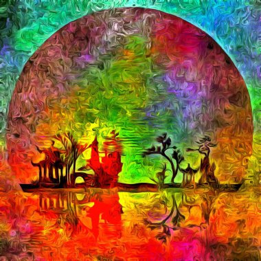 Sudaki siluetler. Asya tarzı. 3B görüntüleme