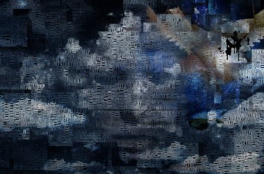 Soyut bulutlar. Kelimeler. Kanatlı çıplak adam meleği temsil ediyor..