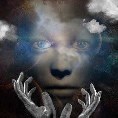 Elleri ve evren geçmişi olan insan yüzü.