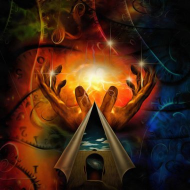 Gerçeküstü resim. Tanrının elleri, uzay ve zaman. Kafasında galaksi olan adam buğday tarlasının önünde duruyor..