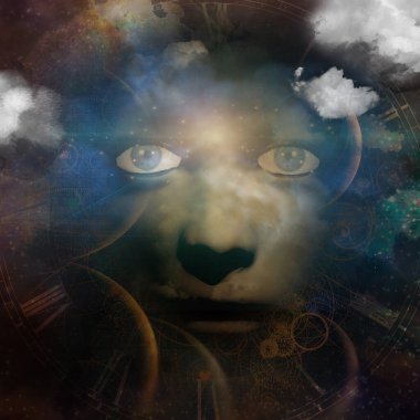 Sepya içinde elleri ve evreni olan insan yüzü