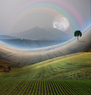 Dağ 'la huzurlu bir manzara. 3B görüntüleme