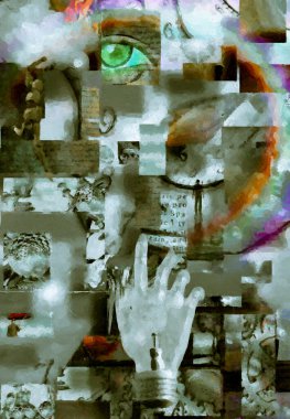 Yumuşak manken ve rainbow ile katmanlı kare şekilleri sıçramak dişli zaman öğesi, insan gözü, satranç elemanları, insan eli ampul, soyut hale