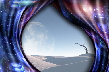 Sürrealizm. Beyaz çöl. Ufuktaki büyük ay.