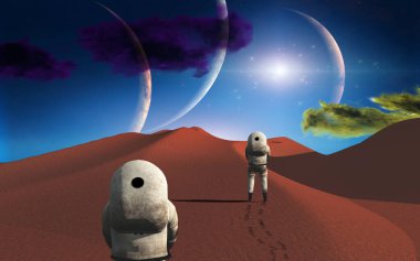 Başka bir gezegendeki astronotlar. 3B görüntüleme