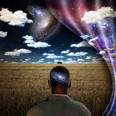 Gerçeküstü resim. Adam arpa tarlasında duruyor. Bükülmüş boşluk.