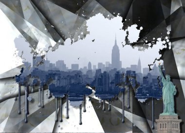 Özgürlük heykeli ve Manhattan manzarası. 3B görüntüleme