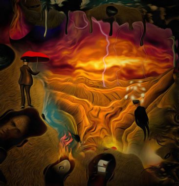 Karmaşık gerçeküstü resim. İşadamı alanında düşünüyor. Adam kırmızı şemsiye ile gökyüzünde asılı. Tanrı'nın göz, başka bir boyut aşağı akar. Erkekler kafaları farklı düşüncelerle.