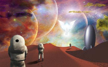 Yabancı gezegendeki astronotlar ve onların roket gemileri, NASA 'nın sağladığı bazı elementler tarafından parlayan melek figürleri tarafından karşılandı.