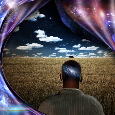 Gerçeküstü resim. Kafasında galaksi olan bir adam buğday tarlasında duruyor..