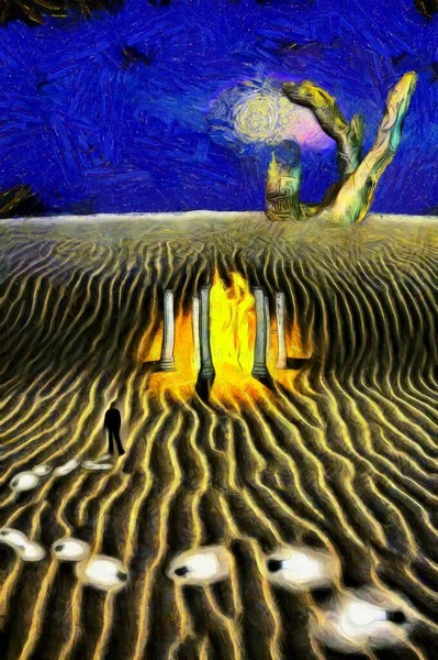 Сюрреалістичний Живопис Чоловік Стоїть Біля Вогненного Храму Гігантська Кам Яна — стокове фото